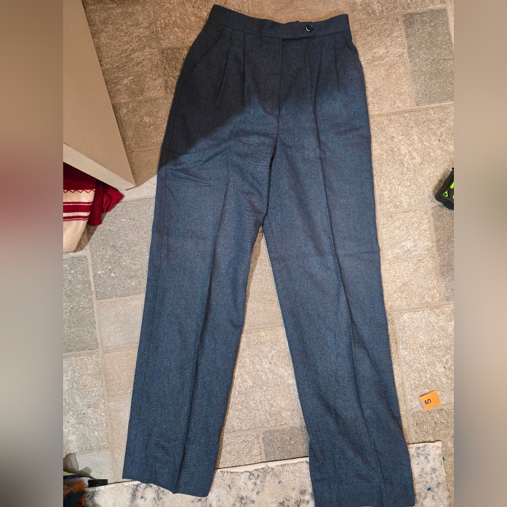Vintage Wool Blue Wide-Leg Trousers Straight XS 2 Buisness Casual Office NWOT - Picture 2 of 7